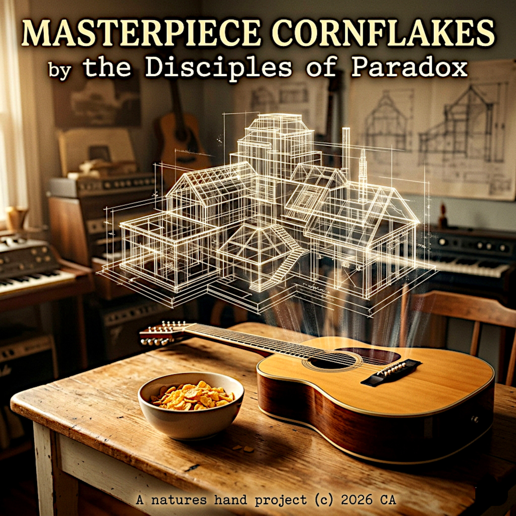 A GUITAR ON A TABLE BESIDES A BOWL OF FINE CORNFLAKES